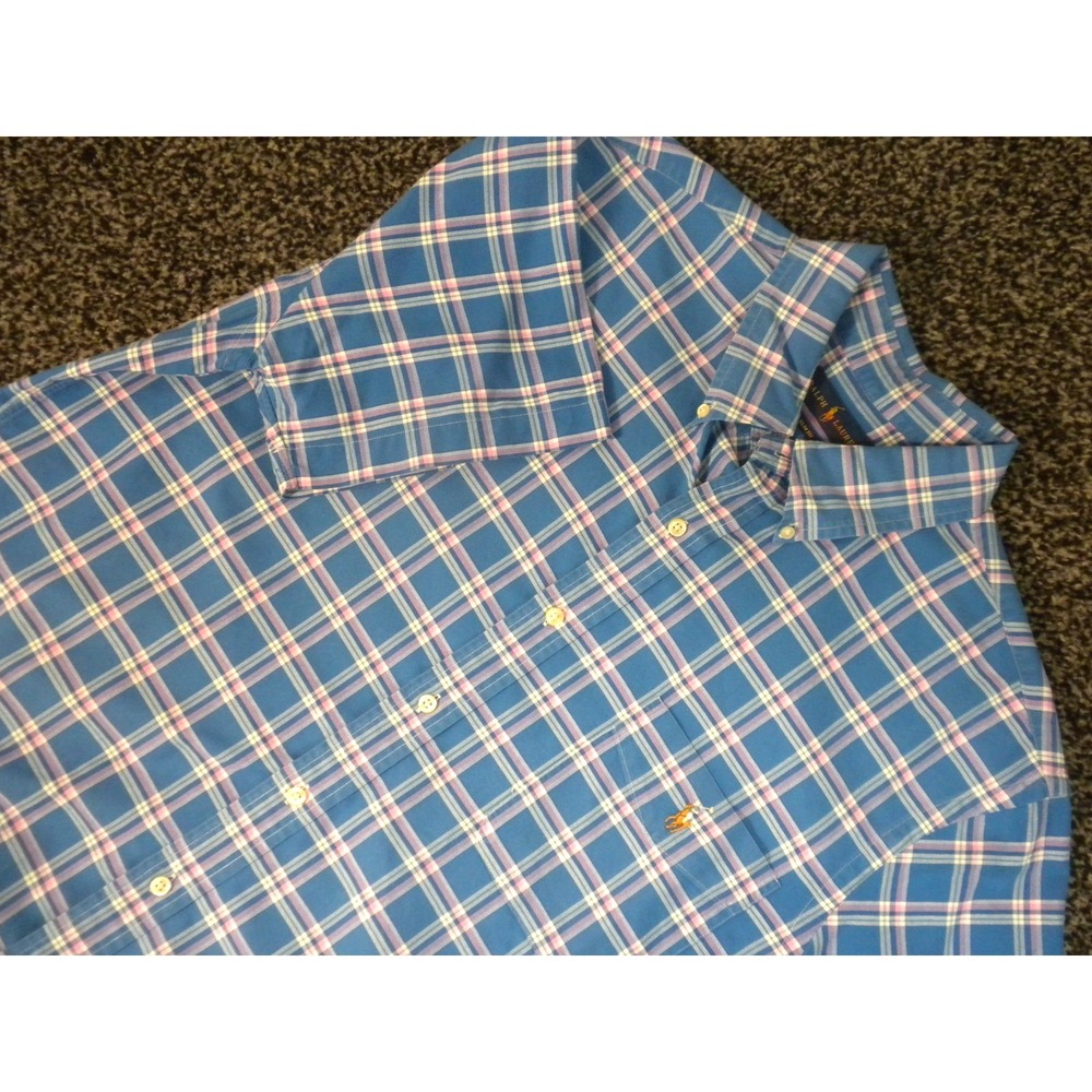 Ralph Lauren Shirt Mens XL Blue‎ Pink Plaid Slim Fit Button Down Flesh Pony Ivy
